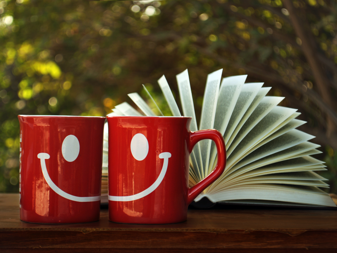улыбка, книга, страницы, чашки, рисунок, красные