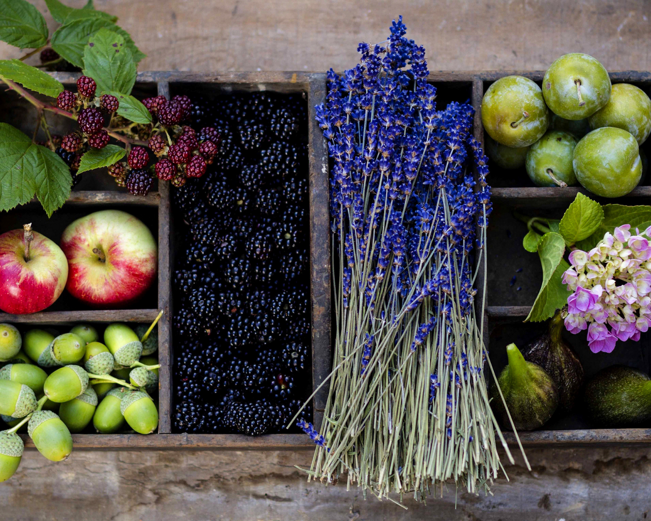 фрукты, сливы, лаванда, яблоки, ежевика, ягоды, цветы