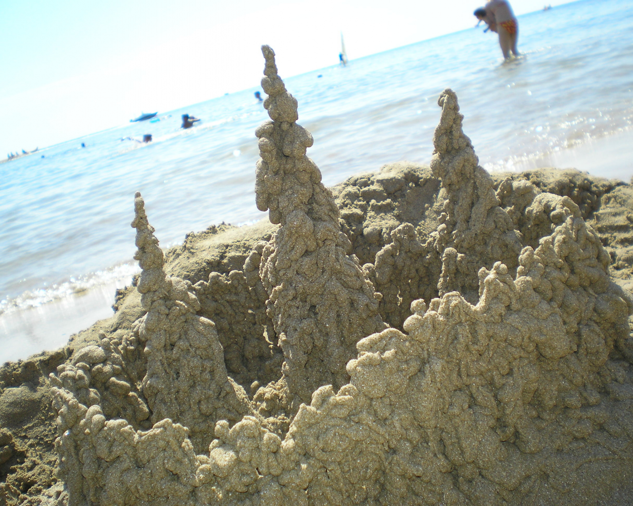 песок, пляж, замок, море, солнце, лето