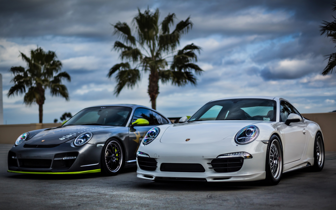 silver, front, white, sky, 911, небо, порше, серебро, palm, porsche, белый