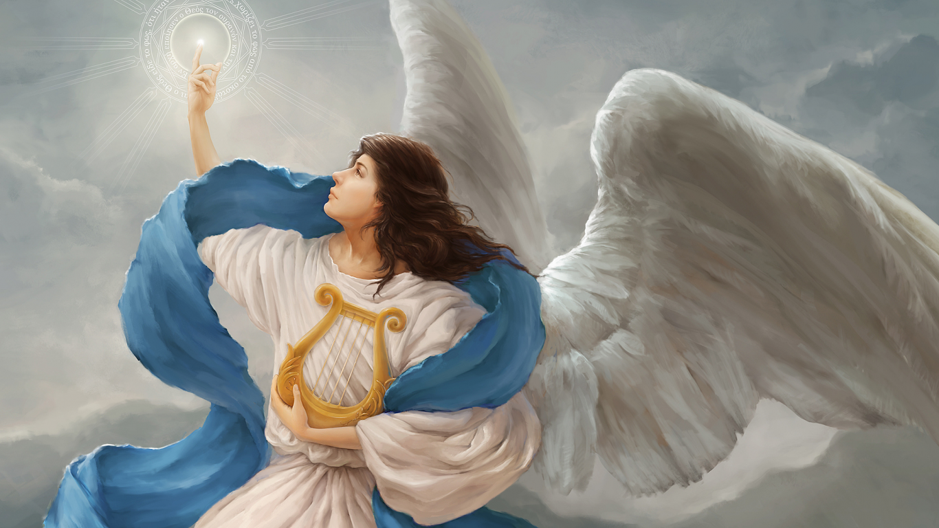 арфа, ангел, символ, крылья, облака, свет