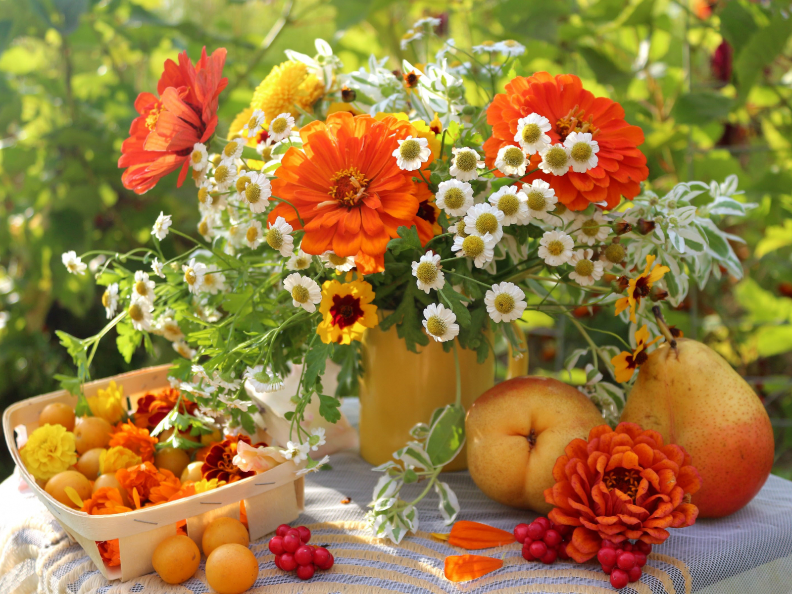 столе, летний сад, букет, на, фрукты, натюрморт, цветов