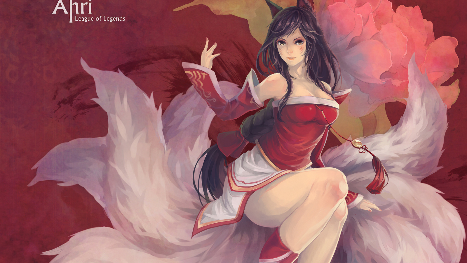 league of legends, девушка, фон, арт, уши, yupi, хвосты, ahri