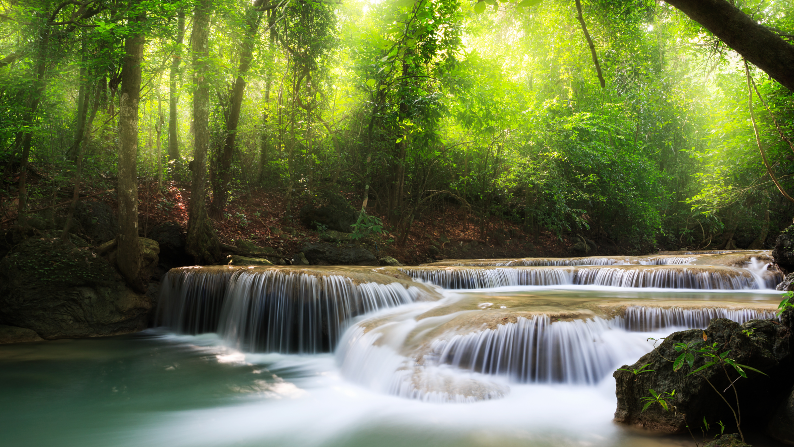 sky, waterfall, deep forest, landscape, beautiful, sea, clouds, trees, lake, nature, leaves, 