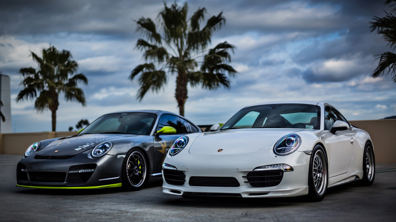 silver, front, white, sky, 911, небо, порше, серебро, palm, porsche, белый