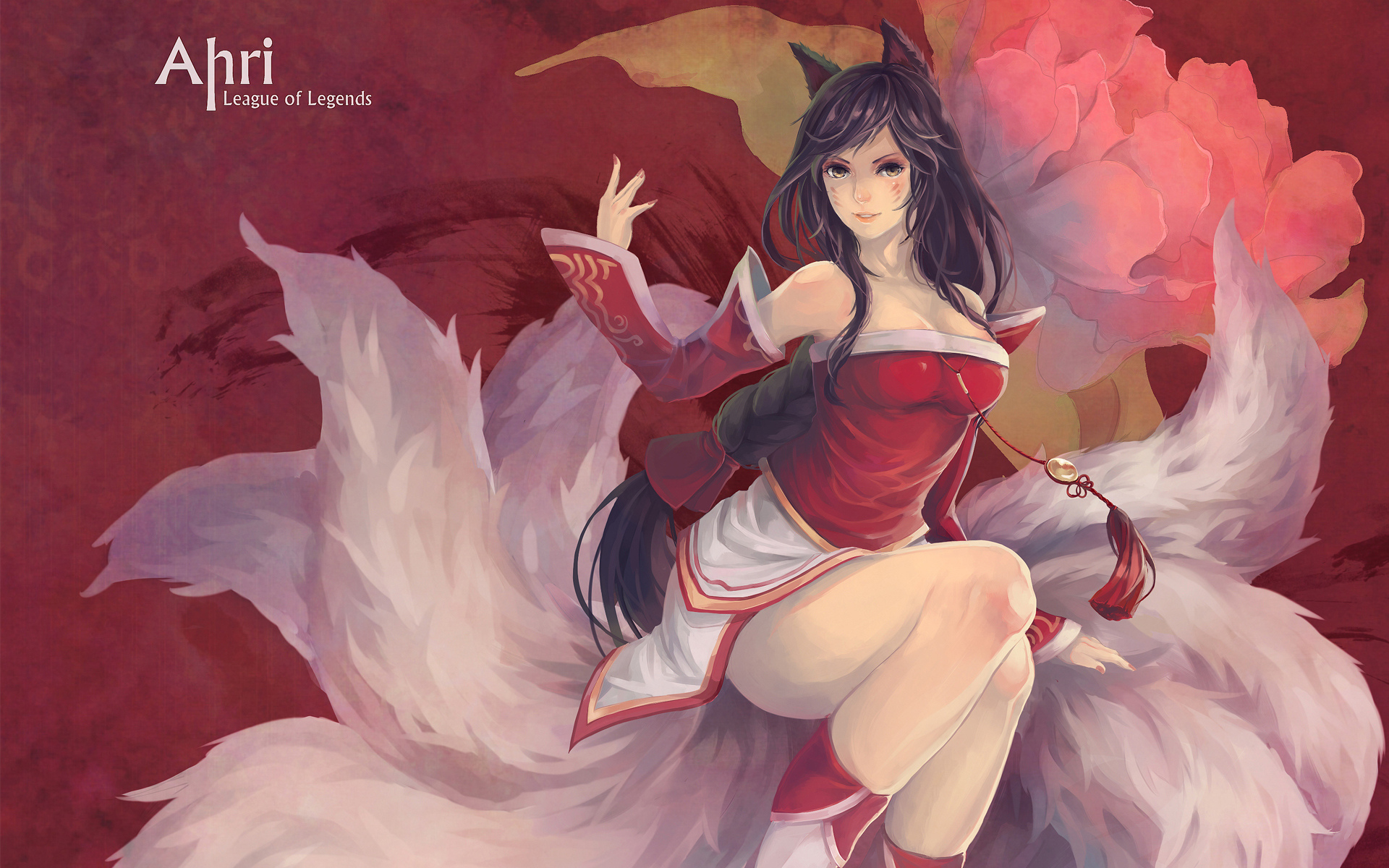 league of legends, девушка, фон, арт, уши, yupi, хвосты, ahri