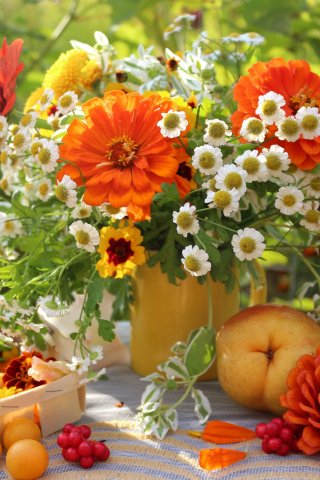столе, летний сад, букет, на, фрукты, натюрморт, цветов