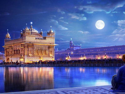 город, арт, огни, ночь, человек, the golden temple, punjab, река, india