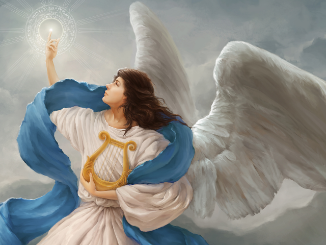 арфа, ангел, символ, крылья, облака, свет
