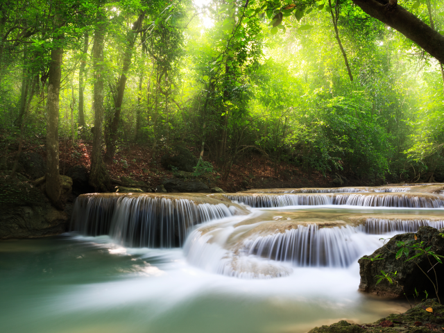 sky, waterfall, deep forest, landscape, beautiful, sea, clouds, trees, lake, nature, leaves, 