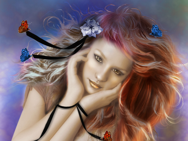 девушка, лицо, арт, бабочки, живопись, взгляд, волосы