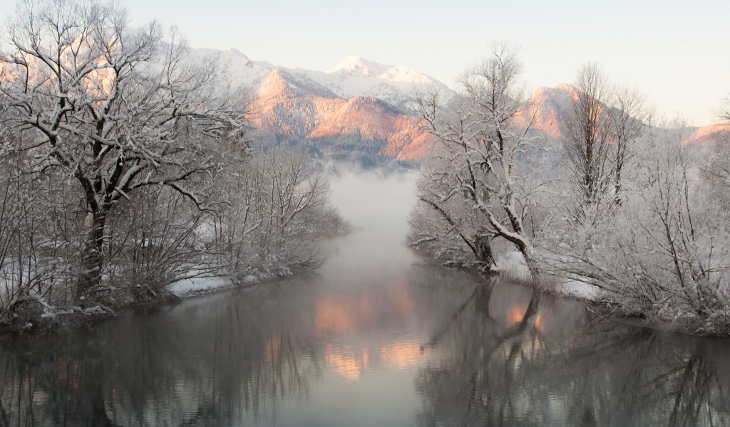 отражение, горы, снег, река, деревья, зима, туман