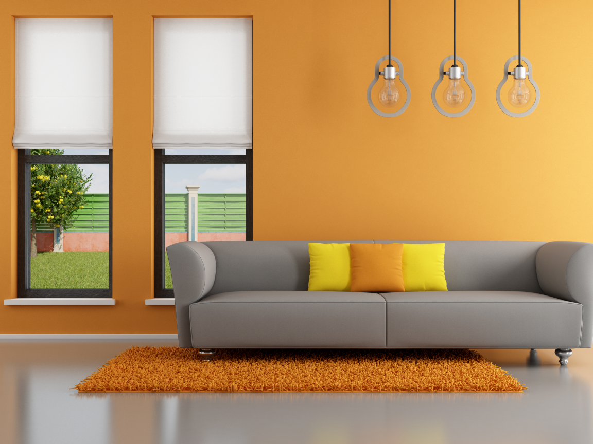 minimalist , stylish design, living room , pillows, window, orange, couch, interior