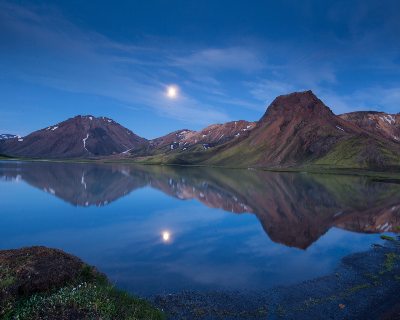 луна, отражение, озеро, исландия, горы, сумерки, вечер