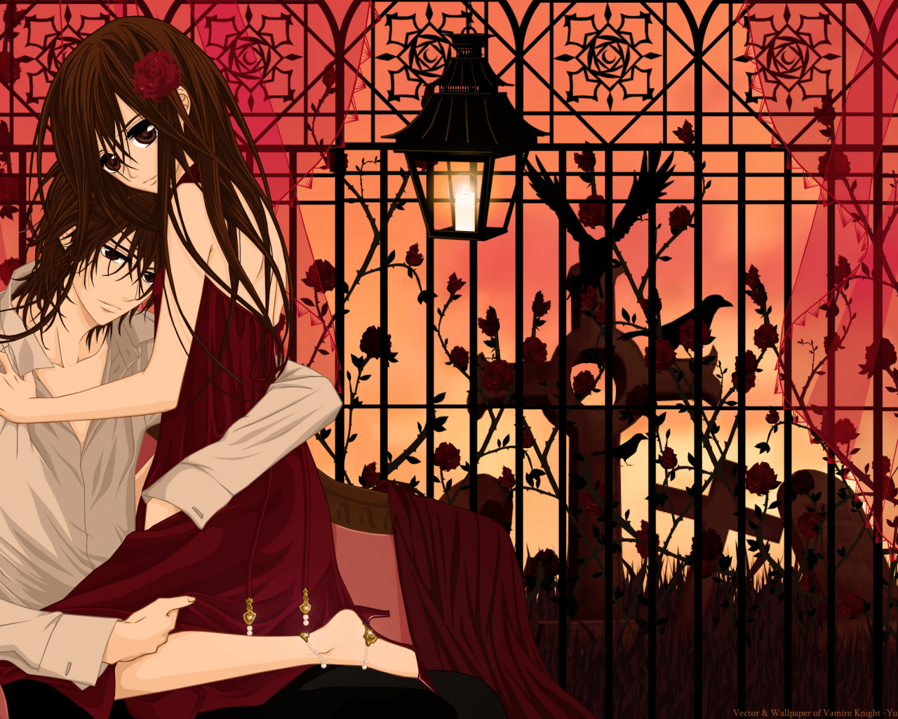 Vampire knight, Канамэ Куран, Юки Кросс, парень, девушка, длинные волосы, большие глаза, брат с сестрой, бардовое платье, фонарь, роза, розы, объятие, кресло, забор, кладбище, птица, ворон, рубашка, карие глаза, каштановые волосы, крест