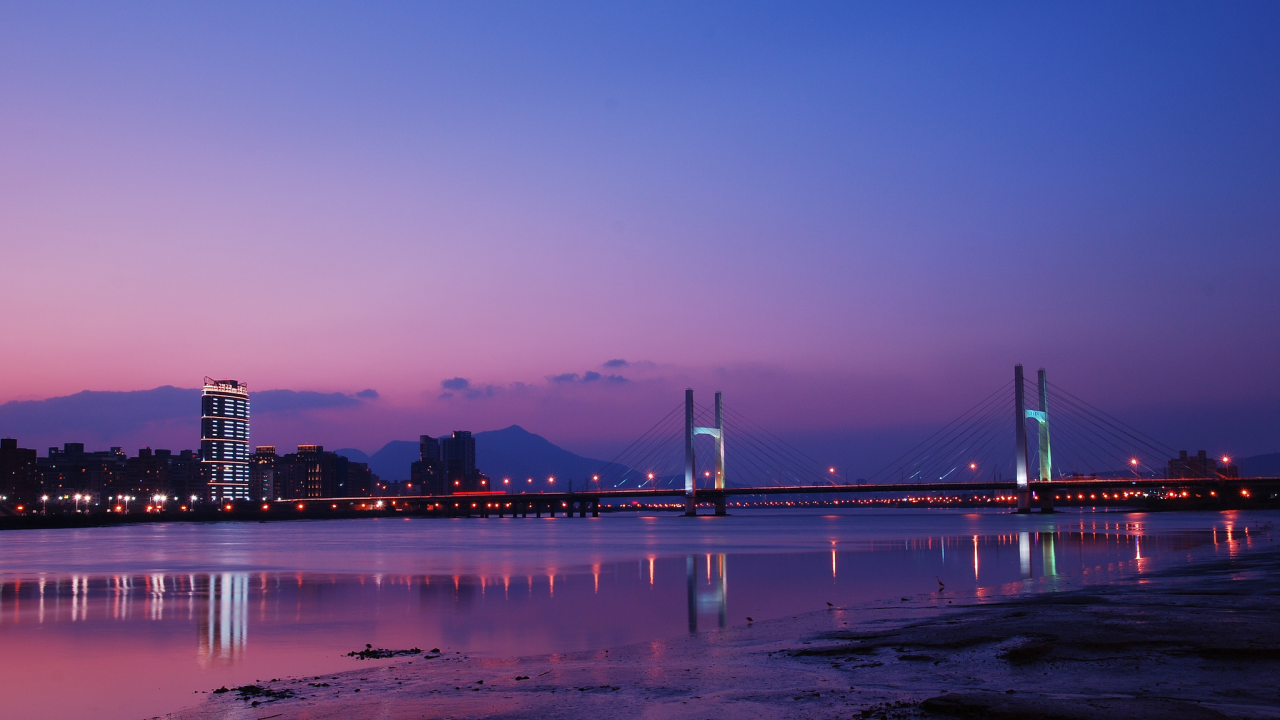 clouds, bridge, china, purple, river, sky, taiwan, lights, reflection, taipei, city, night