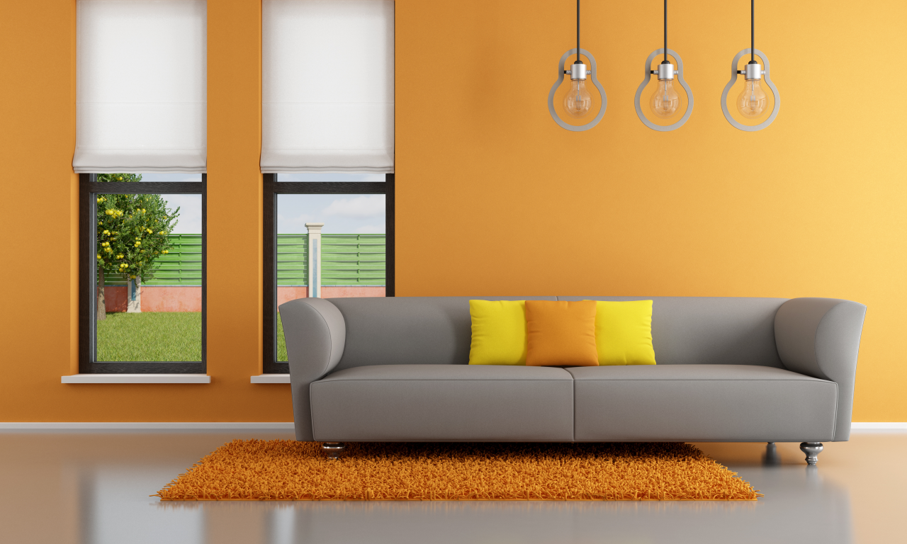 minimalist , stylish design, living room , pillows, window, orange, couch, interior