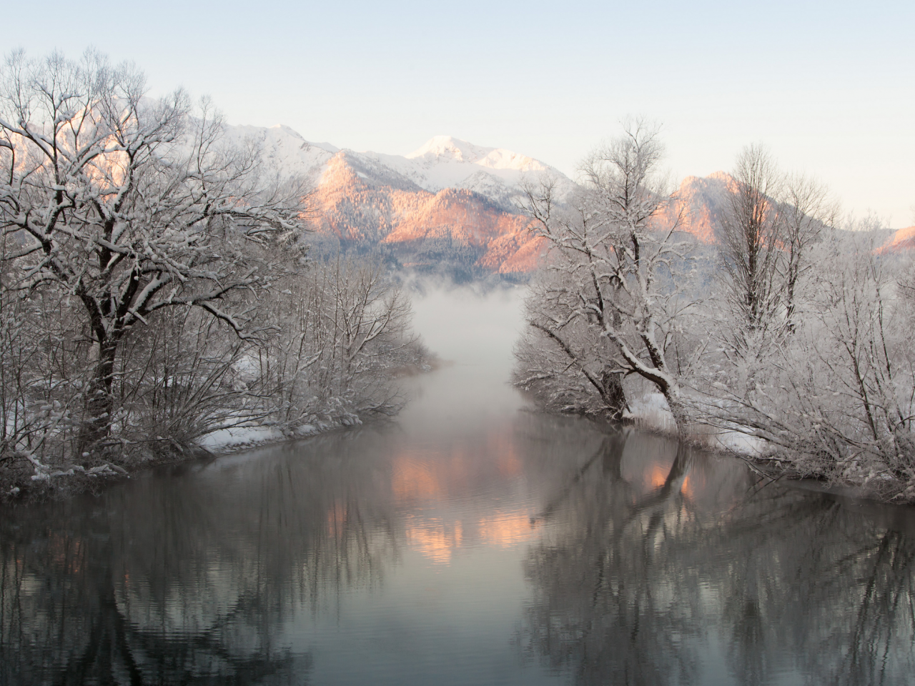отражение, горы, снег, река, деревья, зима, туман