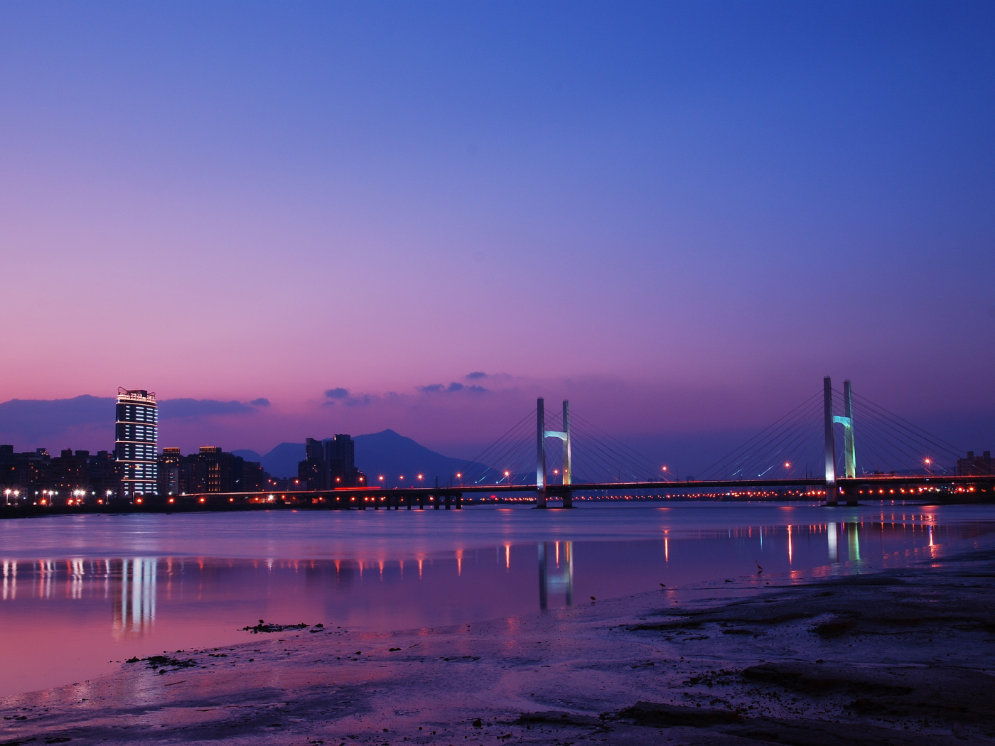 clouds, bridge, china, purple, river, sky, taiwan, lights, reflection, taipei, city, night