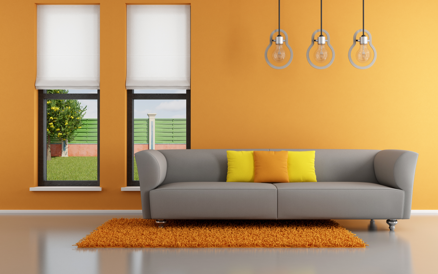 minimalist , stylish design, living room , pillows, window, orange, couch, interior