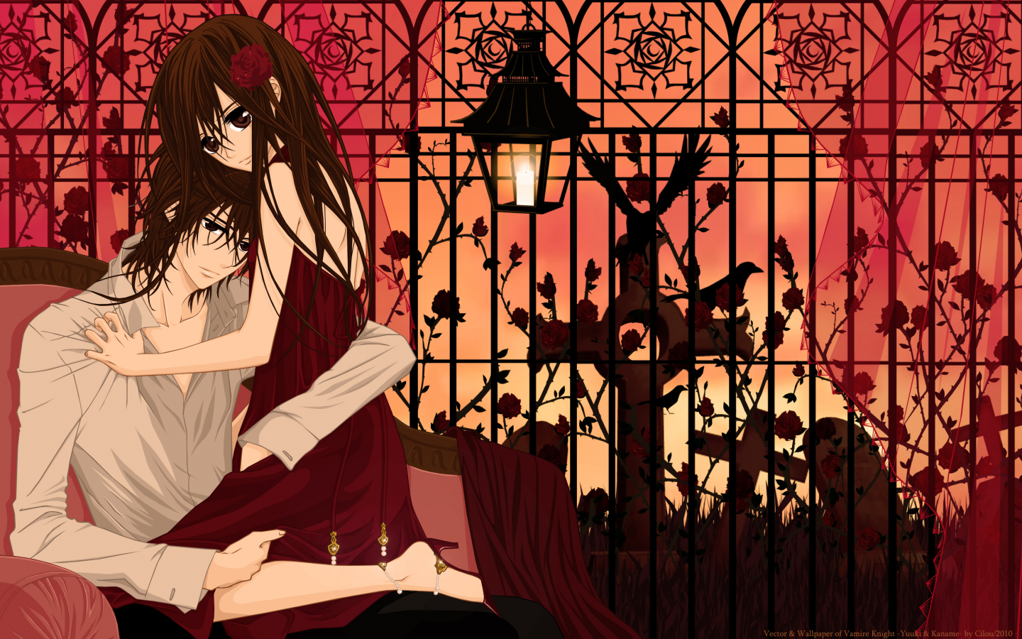 Vampire knight, Канамэ Куран, Юки Кросс, парень, девушка, длинные волосы, большие глаза, брат с сестрой, бардовое платье, фонарь, роза, розы, объятие, кресло, забор, кладбище, птица, ворон, рубашка, карие глаза, каштановые волосы, крест