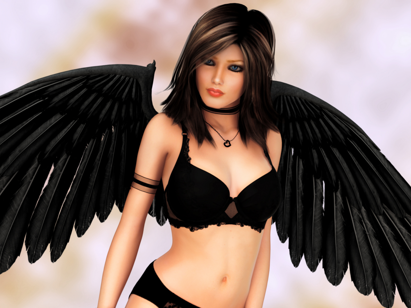 падший, черные крылья, девушка, лицо, ангел, рендеринг