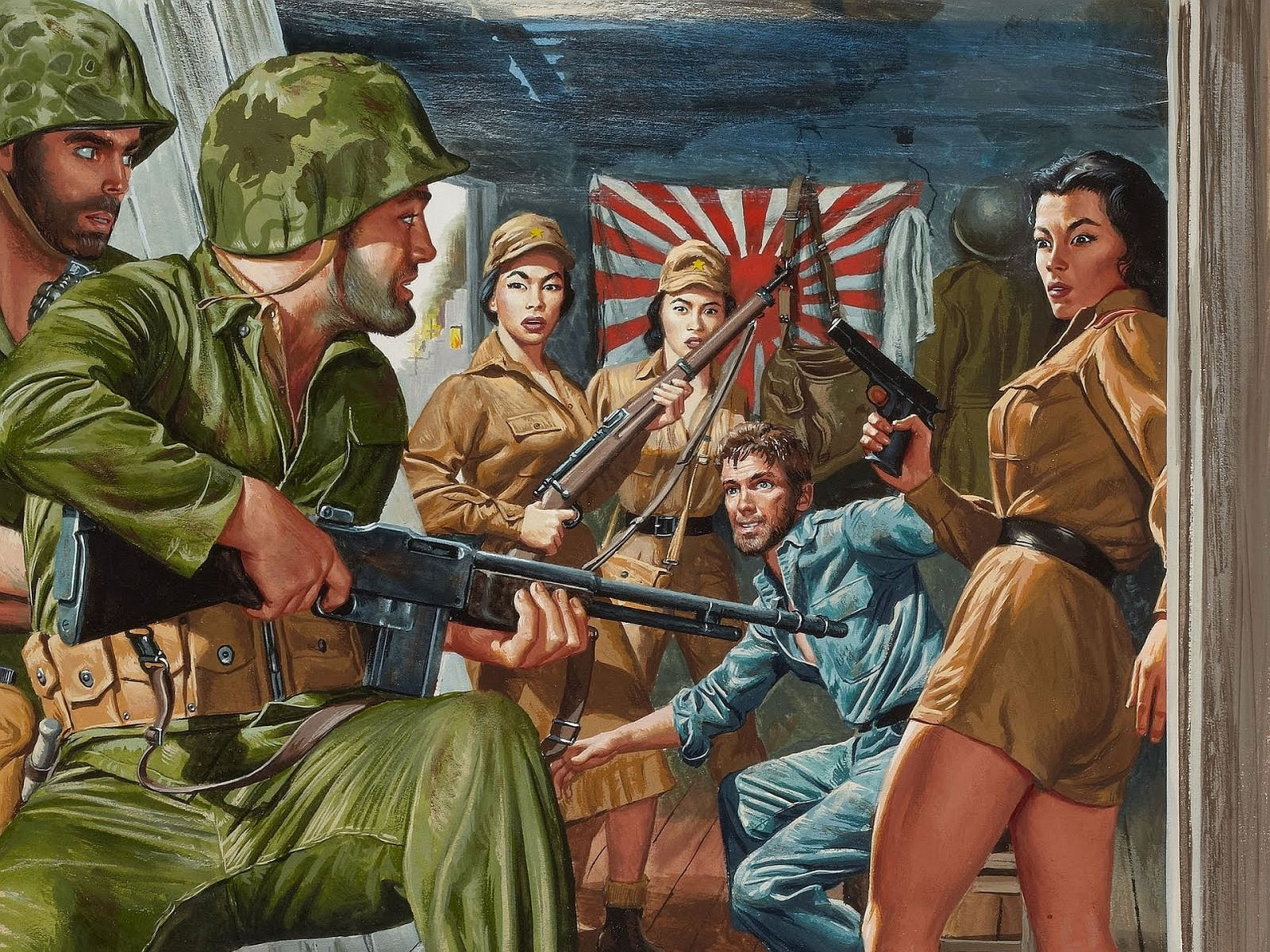 флаг, пленник, арт, девушки, японские военнослужащие