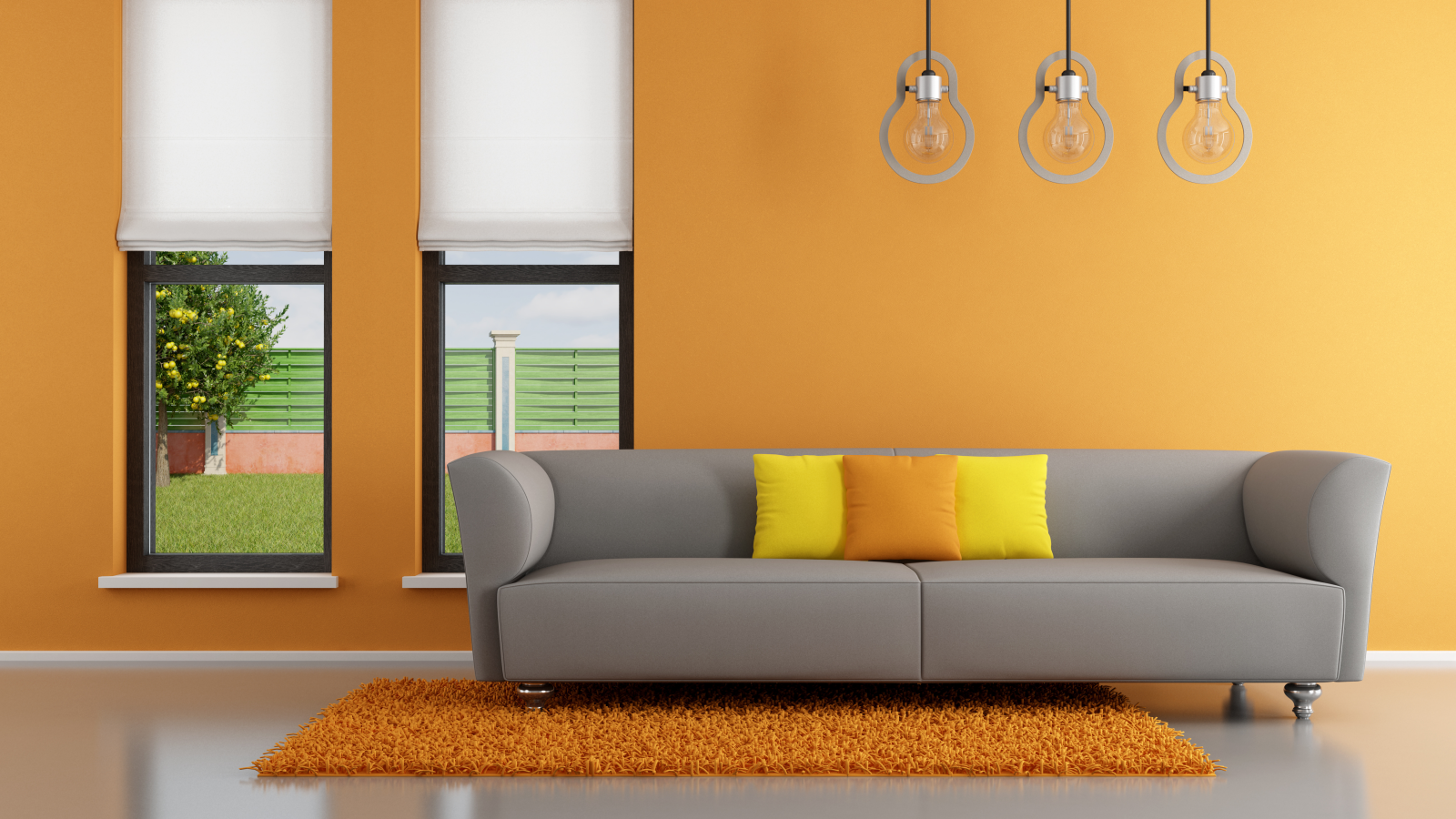 minimalist , stylish design, living room , pillows, window, orange, couch, interior