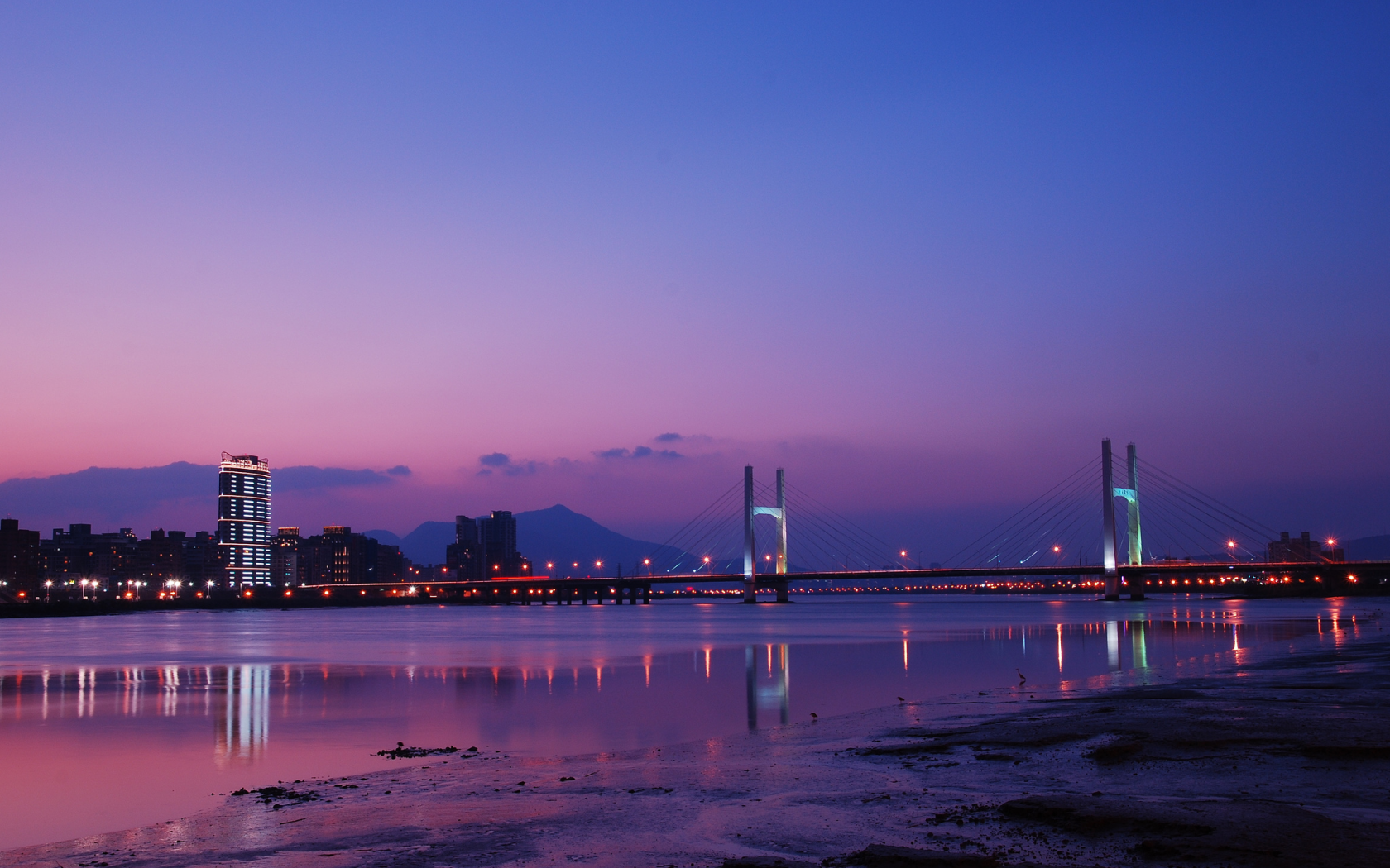 clouds, bridge, china, purple, river, sky, taiwan, lights, reflection, taipei, city, night