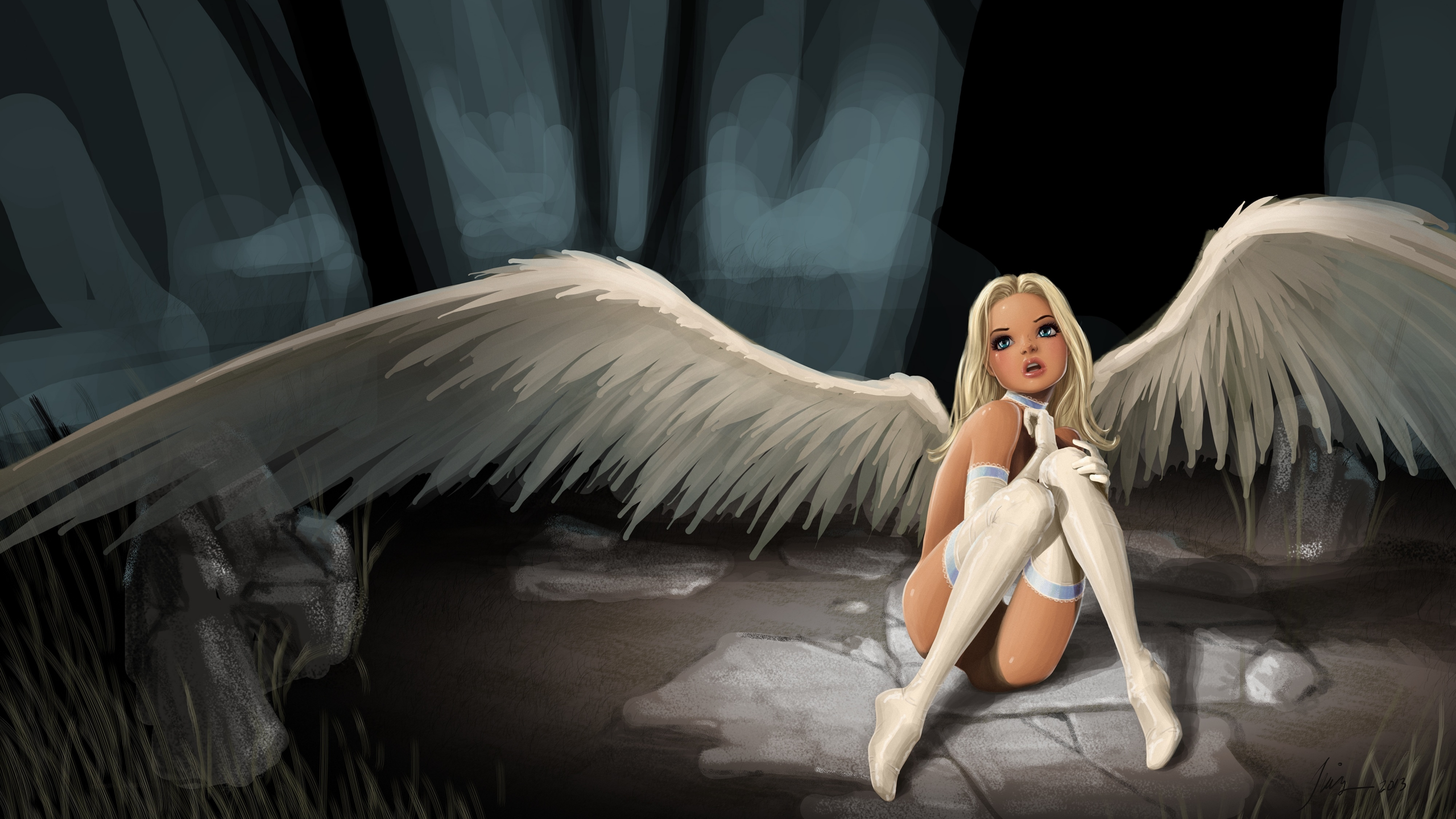 белые крылья, фантастика, арт, девушка, ангел, поза
