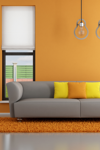 minimalist , stylish design, living room , pillows, window, orange, couch, interior