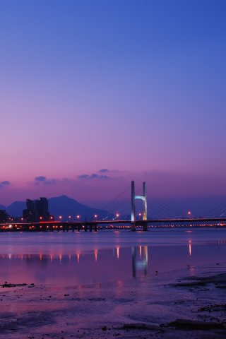 clouds, bridge, china, purple, river, sky, taiwan, lights, reflection, taipei, city, night