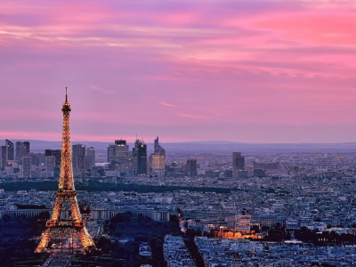 эйфелева, башня, город, небо, париж, франция, горизонт