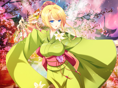 аниме, девушка, блондинка, кимоно, девушка в кимоно, голубые глаза, сакура, цветение сакуры, лилия