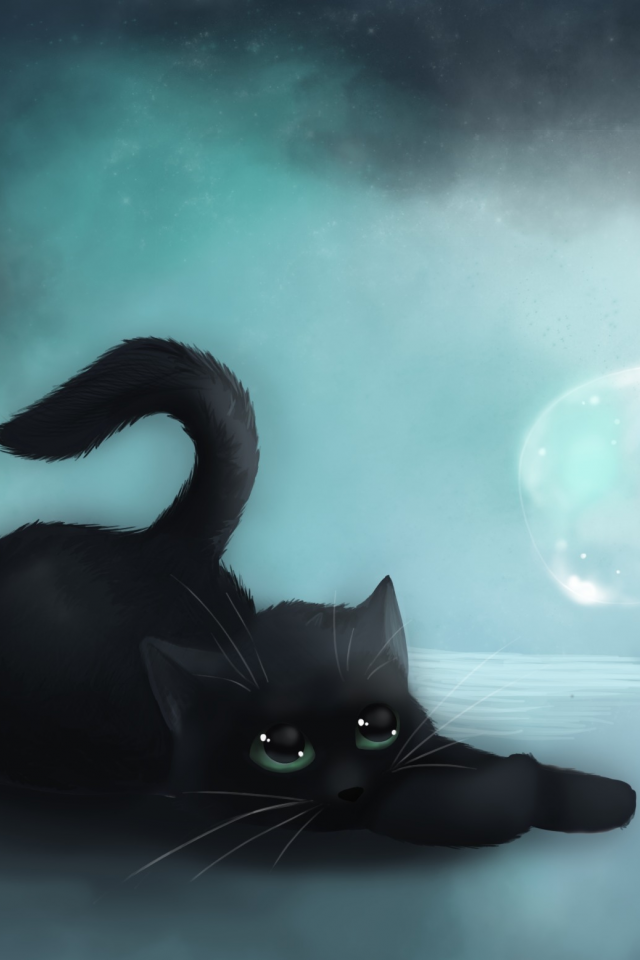 кошка, арт, лежа, черная, vanillakeyblade, пузырь