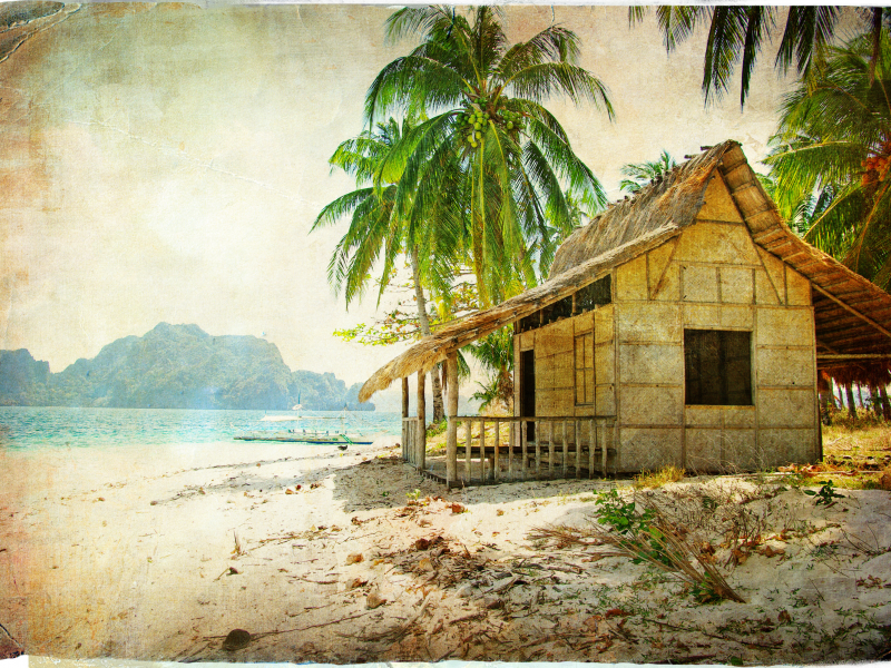 кокосы, пальма, пляж, хижина, винтаж, море, vintage