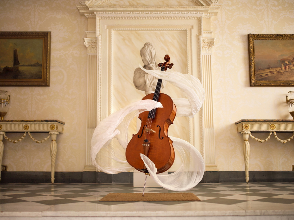 scarf, spirit, bright, surreal, instrument, cello, statue, music