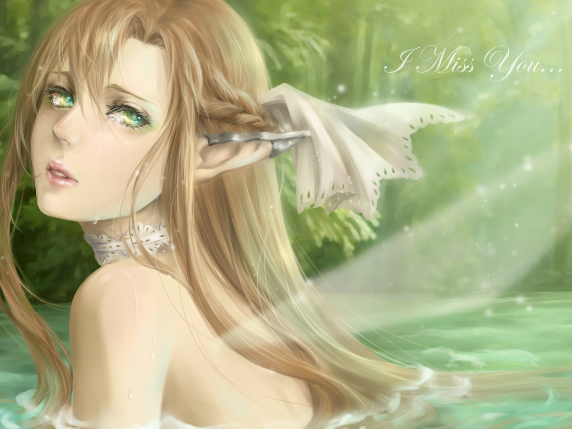 вода, yuuki asuna, девушка, лес, уши, арт, sword art online