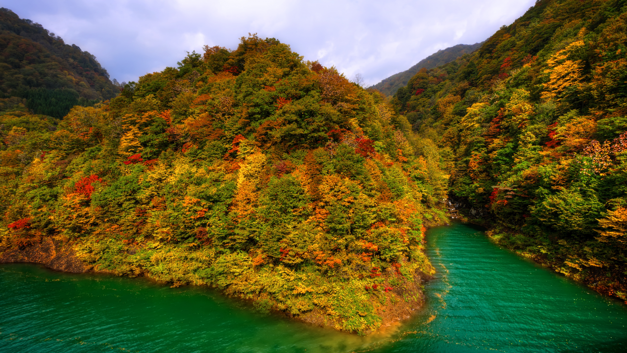 горы, япония, озеро, тазава, лес, осень