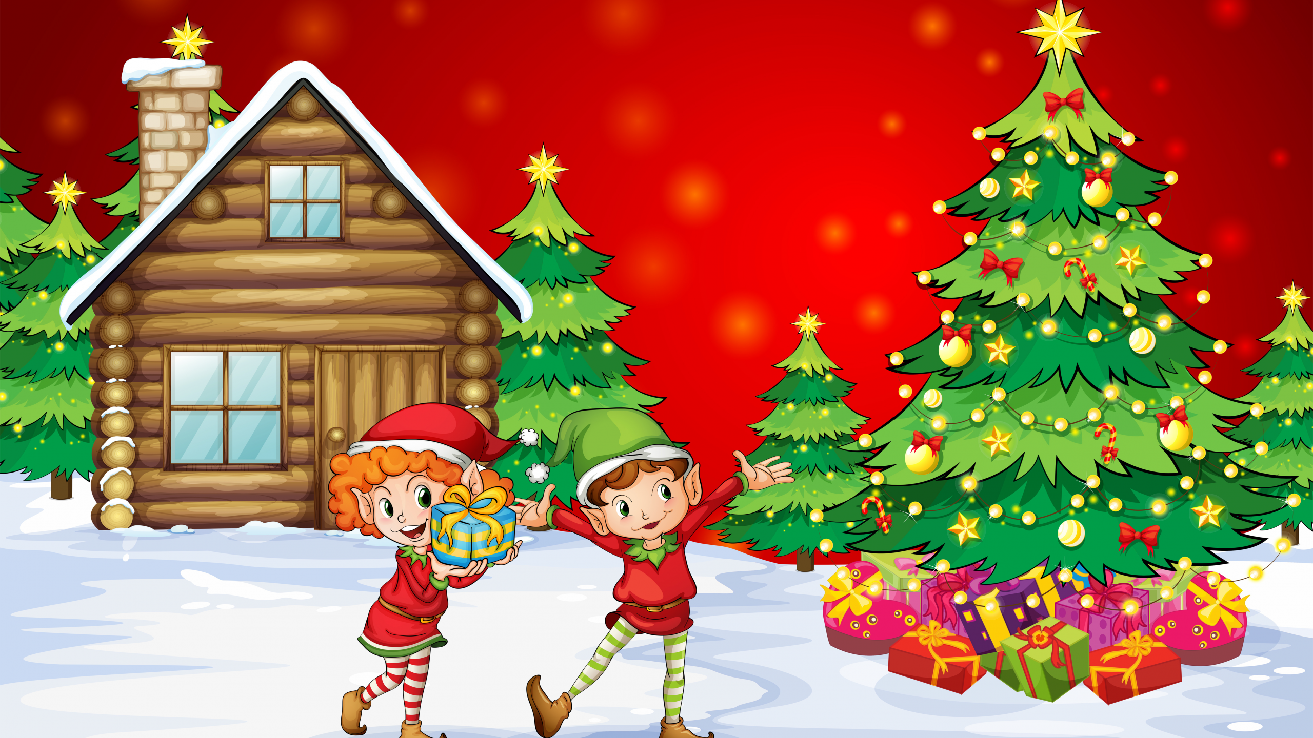 new year, kids, , girl, christmas, happiness, boy , christmas tree, snow, house, children, gifts