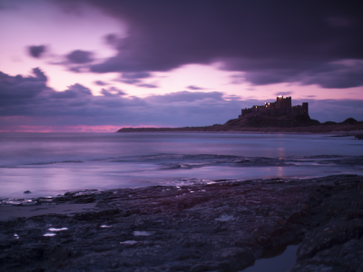 great britain, bamburgh castle, clouds, purple, sky, sea, evening, coast, england