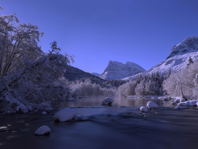 река, зима, горы, norway, снег, норвегия, деревья