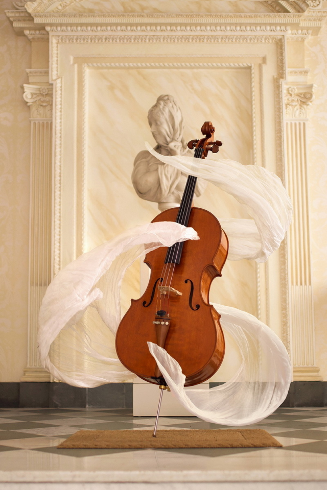 scarf, spirit, bright, surreal, instrument, cello, statue, music