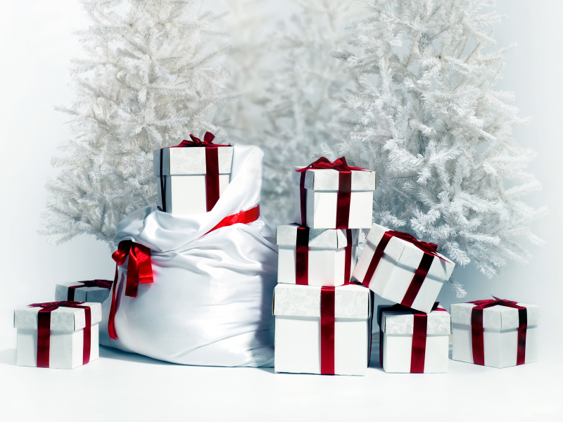 зима, новый год, снег, коробки, ёлки, подарки