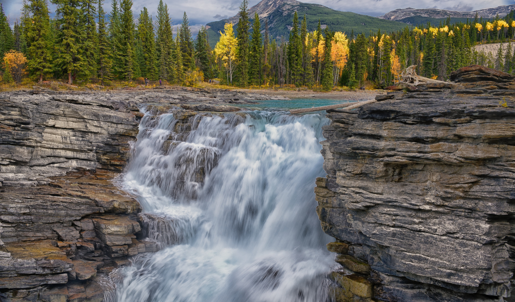 водопад, река, осень, лес, горы