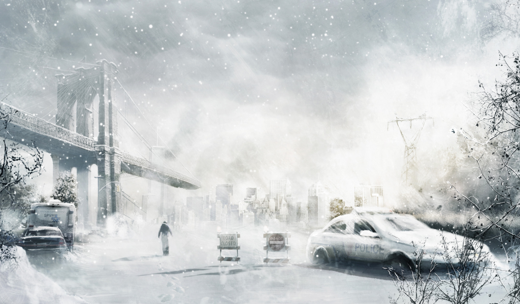 город, снег, человек, арт, зима, машина