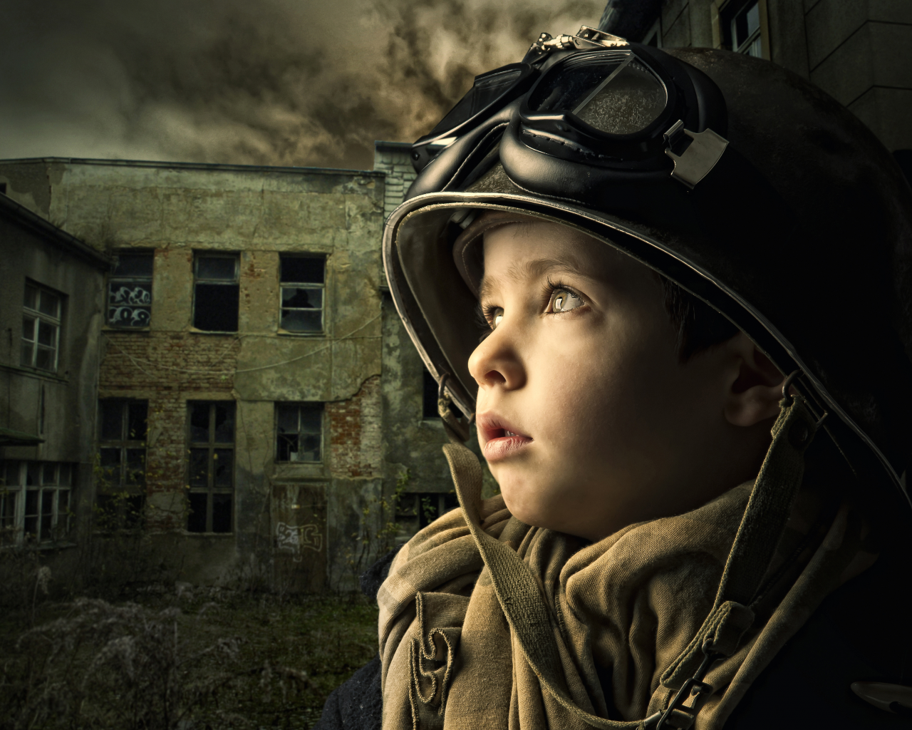 здание, разруха, мальчик, шлем, ребёнок, очки