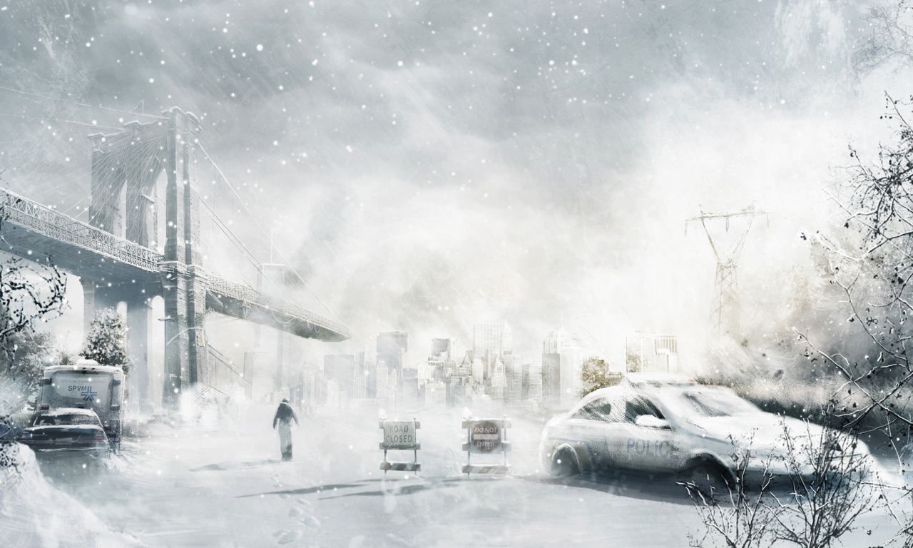 город, снег, человек, арт, зима, машина