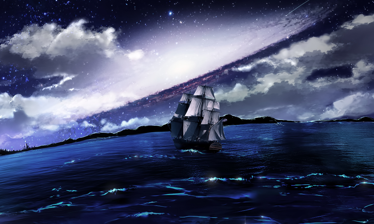 море, плавание, корабль, ночь, парусник, облака