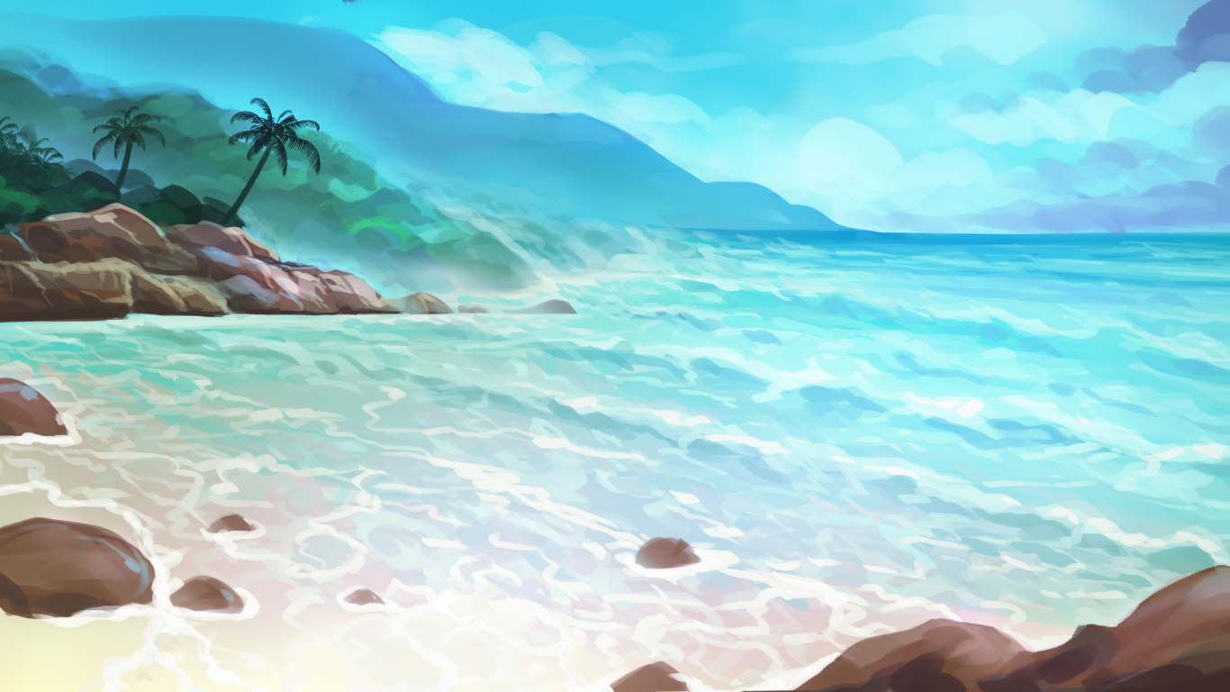 лето, пальмы, арт, море, нарисованный пейзаж, остров